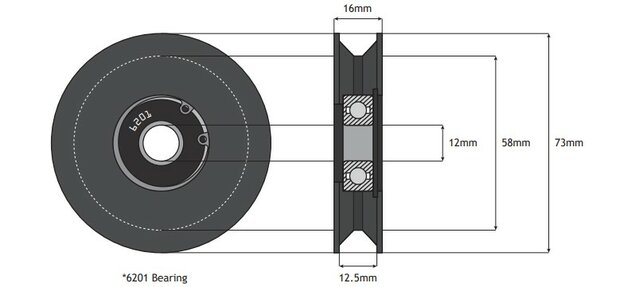 DYNSO Thyssen deurrol tbv trapezium rail, 70mm, met as M10