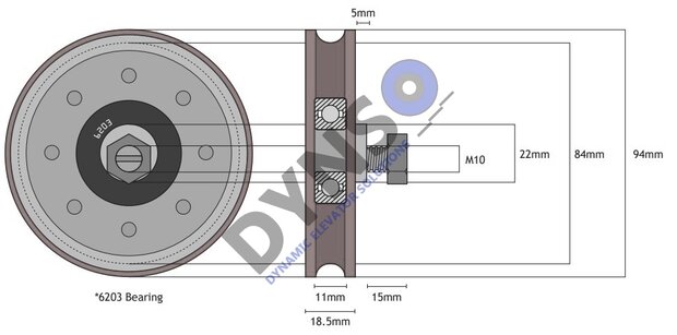 Kone deurrol AMD Rood 94mm excentrisch met as M10