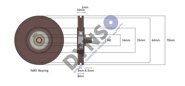 Kone kabel synchronisatie rol AMD 70mm met as M8